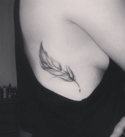 Collar Bone Tattoo Feather, Rib Feather Tattoo, Feather Tattoo On Chest For Women, Feather Tattoo Ribs, Hawk Feather Tattoo Feminine, Feather Butterfly Tattoo, Feather Neck Tattoo, Feather Rib Tattoos, Jamie Tattoo