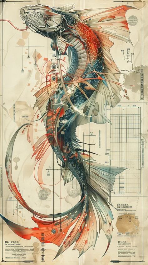 The image is a steampunk style illustration of a fish. The fish has a long, serpentine body with a red and white striped pattern ->> more details in ai-img-gen.com Steampunk Fish, Fish Fin, Deep Blue Color, Steampunk Style, Steampunk Fashion, The Fish, Deep Blue, Stripes Pattern, Art Images