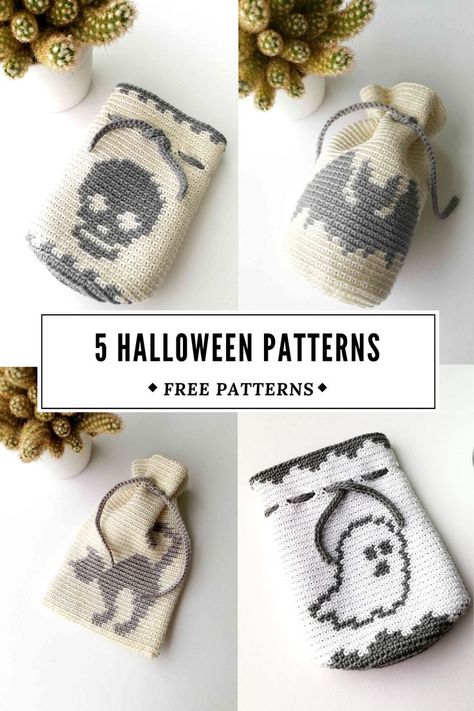 Crochet Halloween Cup Cozies, Crochet Bat Bag Free Pattern, Crochet Coffin Bag Pattern Free, Crochet Ghost Bag, Free Skull Crochet Patterns, Crochet Halloween Bags Free Pattern, Crochet Bat Bag, Crochet Halloween Purse, Home Crochet Ideas