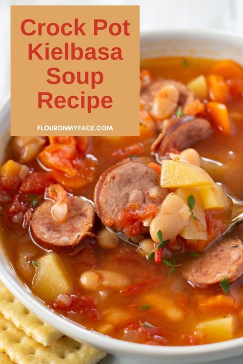 bowl of kielbasa soup Kielbasa Soup Recipes, Easy Sausage Soup, Crock Pot Kielbasa, Kielbasa Crockpot, Kielbasa Soup, Slow Cooker Kielbasa, Sliced Carrots, Sausage Crockpot, Sausage Soup Recipes