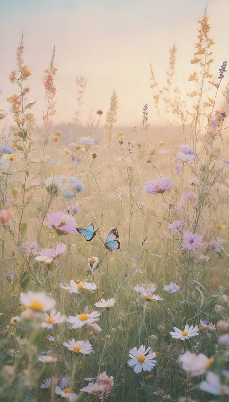 Pastel color painting of flowers, a serene meadow with wildflowers in soft pastel hues, butterflies fluttering around, inspired by countryside landscapes and vintage botanical prints. Beautiful Floral Background, Birthday Backgrounds Aesthetic, Vintage Wildflower Aesthetic, Wild Flower Photography, Pastel Nature Aesthetic, Muted Pastel Aesthetic, Floral Wallpaper Iphone Vintage, Soft Floral Aesthetic, Pastel Floral Aesthetic