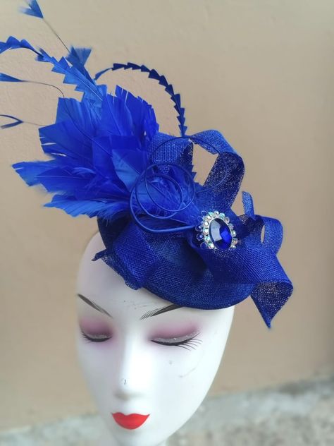 Royal blue Feather on sinamay fascinator Royal Blue Fascinator, Blue Fascinator, Sinamay Fascinator, Hat Ideas, Blue Feather, Fascinator, Royal Blue, How To Wear, Blue