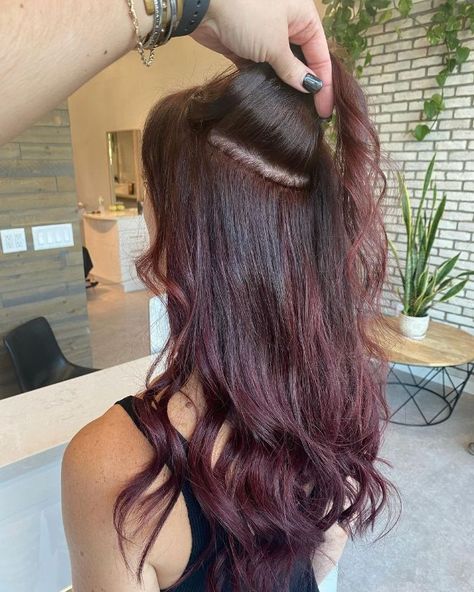 Cherry Soda Hair Color, Cherry Coke Peekaboo Hair, Deep Cherry Red Hair Ombre, Cherry Coke Color Hair, Cherry Coke Hair Color Indian, Cherry Cole Hair, Cherry Cola Balayage On Black Hair, Cherry Soda Hair, Cherry Cola Hair Highlights