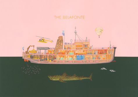 A cross section illustration of The Belafonte, the ship in Wes Anderson's film 'The Life Aquatic with Steve Zissou'. Also featuring the elusive Jaguar Shark. Colour pencil on card. Wes Anderson The Life Aquatic, Wes Anderson Life Aquatic, Life Aquatic Poster, The Life Aquatic Aesthetic, Life Aquatic Aesthetic, The Life Aquatic With Steve Zissou, Megan Poster, Wes Anderson Illustration, Wes Anderson Tattoo