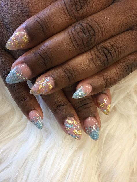 Blue And Gold Nails Short, Light Blue And Gold Nails, Grad Nails, Light Blue Nails, Prom Inspo, Formal Nails, Ombre Nails Glitter, Nail Designs Glitter, Glitter Ombre