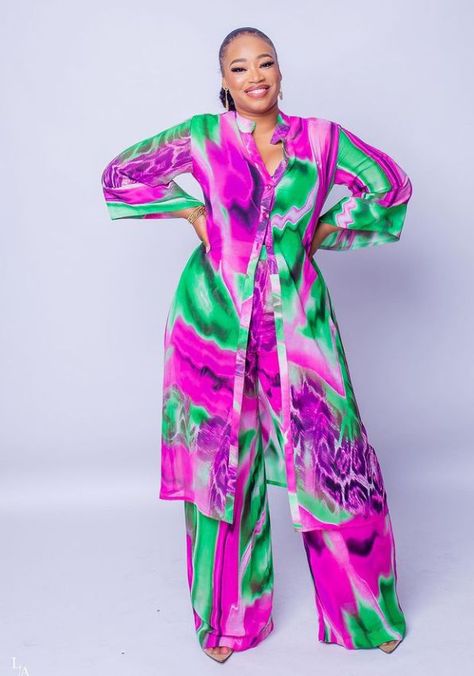 Beautiful Silk and Chiffon Fabrics Styles for Stylish Ladies - Stylish Naija | Funky dresses, Chiffon fashion, Kimono fashion Chiffon Kimono And Palazzo Outfit, Shirt And Trousers Women Chiffon Nigeria, Shifon Styles For Ladies, Chiffon Styles For Ladies, Ankara Silk And Chiffon Styles, Chiffon Dress Ideas, Silk And Chiffon Styles, Chiffon Styles, Stylish Naija