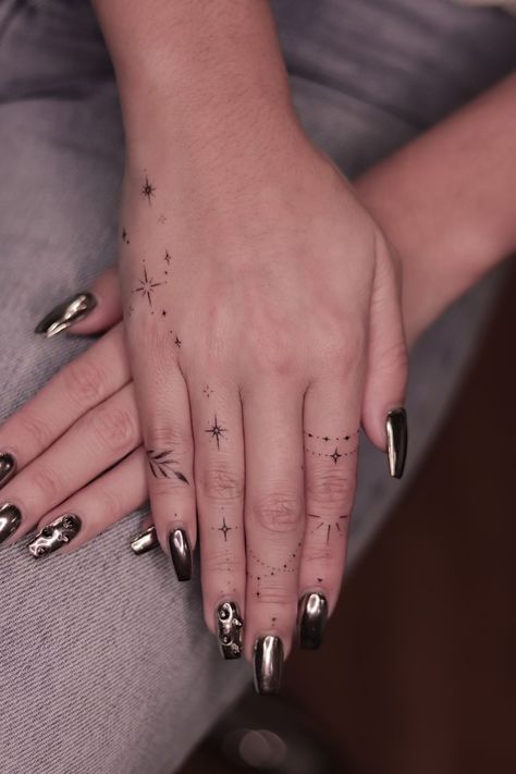 Dainty hand tattoo, fine line tattoo, Taurus constellation tattoo, hailey bieber hand tattoo, hailey bieber inspired, hailey bieber tattoo, hand tattoo, girls with tattoo, oc_tatt, Hawaii tattoo artist Finger Tattoos For Women Dainty, Hand Tattoo Celestial, Hand Tattoo Constellation, X Hand Tattoo, Capricorn Constellation Hand Tattoo, Hand Tattoos Constellation, Hand Tattoos For Women Fine Line, Danty Tattoos Small Hand, Virgo Constellation Tattoo Hand