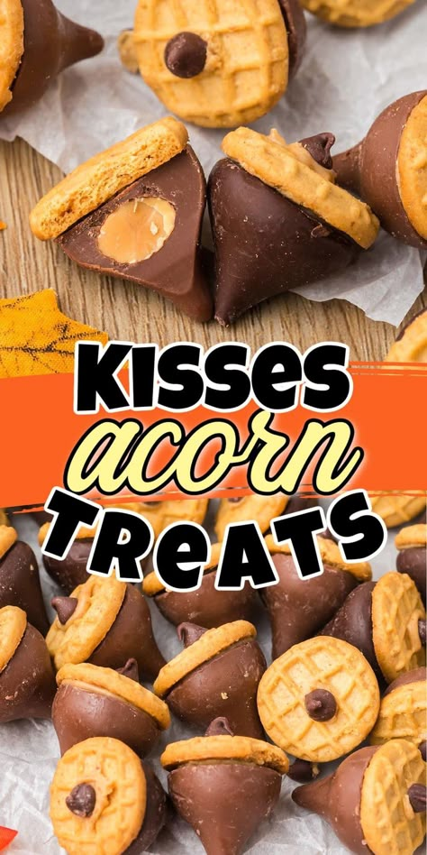 Acorn Candy Cookies, Thanksgiving Candies Treats, Candy Acorns Hershey's Kisses, Acorn Hershey Kiss Nutter Butter, Pretzel With Hershey Kiss And M&m, Nutter Butter Dipped Cookies, Cookie Acorns, Thanksgiving Kids Snack Ideas, Cute Fall Snacks For Kids