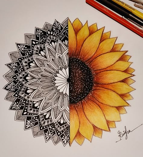 Sunflower Mandala Drawing, Doodle Sunflower, Mandala Sunflower, Mandala Pattern Design, Book Doodle, Diy Painting Ideas, Sunflower Mandala, Sunflower Art Print, Mandala Drawings