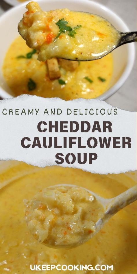 Warm up with our creamy Cheddar cauliflower soup! This cozy blend of cauliflower and sharp Cheddar cheese is smooth and comforting. Ready in under an hour, it's perfect for chilly evenings and tastes like a hug in a bowl! Cheddar Cauliflower Soup, Crockpot Cauliflower, Cauliflower Cheddar Soup, Easy Cauliflower Soup, Cheddar Cauliflower, Cauliflower Cheese Soups, Cheddar Recipes, Christmas Side Dish Recipes, Cheddar Soup Recipe