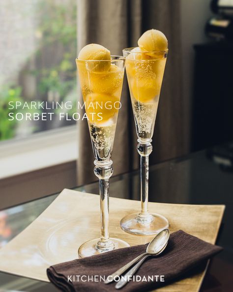 Sparkling Mango Sorbet Floats | www.kitchenconfidante.com1 pint mango sorbet Cono Sur Brut NV sparkling wine Sorbet Float, Wine Float, Bubbly Drinks, Champagne Float, Mango Float, Ice Cream Cocktails, Mango Cocktail, Float Recipes, Sparkling Juice