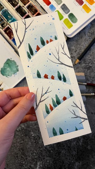 𝓝𝓮𝓰𝓲𝓷 𝓐𝓻𝓶𝓸𝓷 on Instagram: "How to paint an easy winter landscape in watercolors. Imagine a small village with cozy little red houses on the hills surrounded by evergreens. For this painting I have used a non cotton cold pressed watercolor paper. Watercolors: Prussian blue, sap green, Cerulean blue and deep scarlet. To make the image more interesting I added some tree branches that go outside of the frame and splattered someone Cerulean blue representing snow. #watercolor #watercolortutorial #easywatercolor #aquarelle #aquarelas #paintwithme #paintingideas #cozywinter #winterlandscape #winterillustration #creativeideas" Watercolour Doodles, Wet On Wet Technique, Snow Watercolor, Quick Watercolor, Watercolor Christmas Cards Diy, Watercolour Challenge, Watercolour Christmas, Painted Christmas Cards, Red Houses