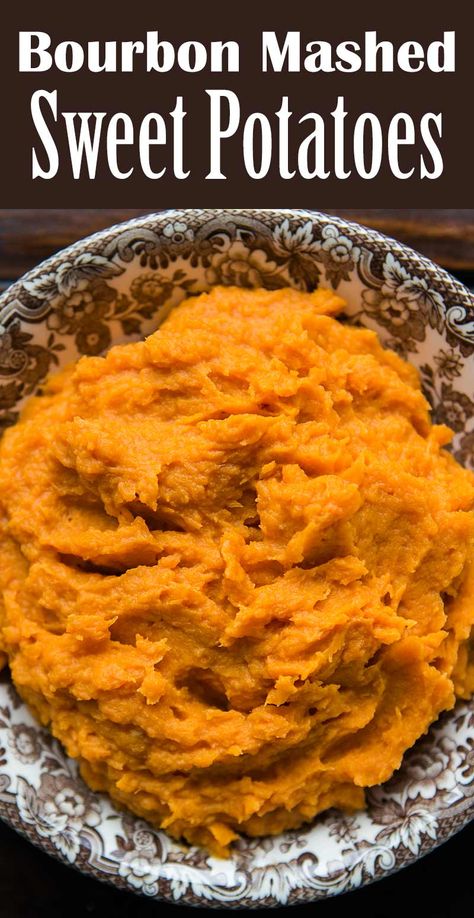 Bourbon Mashed Sweet Potatoes! Mashed sweet potatoes are great, but add a little bourbon and they become outright decadent! Make this easy side dish for Thanksgiving or a holiday party this year. #bourbon #sweetpotato #sidedish #thanksgiving #christmas #simplyrecipes Bourbon Sweet Potatoes Thanksgiving, Bourbon Mashed Sweet Potatoes, Maple Bourbon Sweet Potatoes, Bourbon Sweet Potato Recipes, Bourbon Sweet Potato Casserole, Mashed Sweet Potato Recipes, Bourbon Sweet Potatoes, Potatoes Mashed, Sweet Potato Recipes Mashed