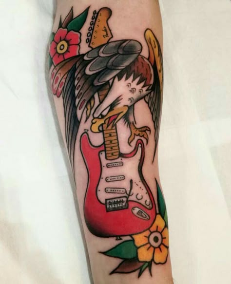 Traditional Tattoo Music, Guitar Tattoo Ideas, German Shepherd Tattoo, Acoustic Guitar Tattoo, Shepherd Tattoo, Cool Back Tattoos, Music Notes Art, Guitar Tattoo, S Tattoos