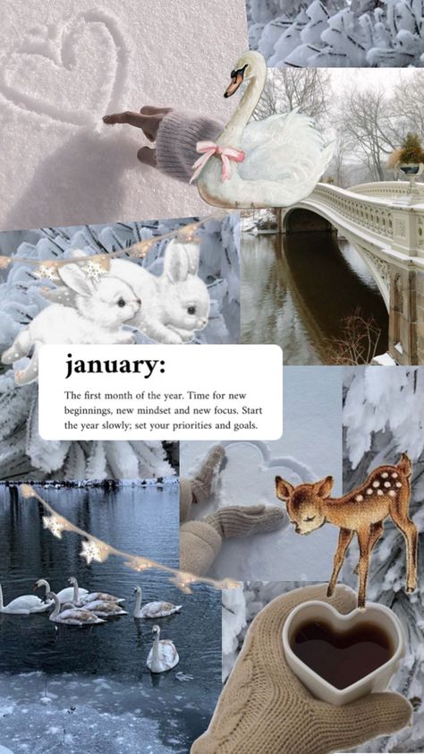 Start the year with this serene January-inspired phone wallpaper. Featuring soft winter hues, snowy swans, delicate bunnies, and warm knit details, this coquette aesthetic collage embodies new beginnings, peaceful moments, and cozy vibes. Perfect for setting an intentional and calming tone for the season! January Aesthetic Collage, January Phone Wallpaper, January Wallpapers, Coquette Aesthetic Wallpaper, January Vibes, January Mood Board, January Mood, January Wallpaper, Swan Wallpaper