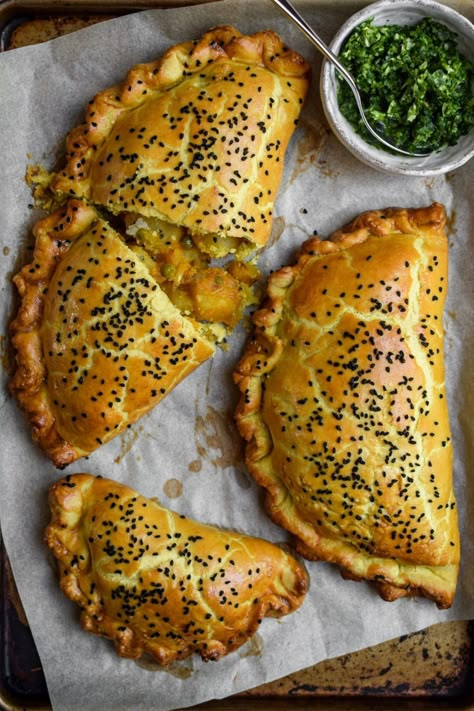 Curried Potato Pasties with Quick Coriander Chutney | Rachel Phipps Vegetarian Pasties Recipes, Vegetarian Hand Pies, Potato Pasties, Vegetarian Pasties, Hotel Recipes, Filled Bread, Savory Bakes, Savoury Pastry, Coriander Chutney