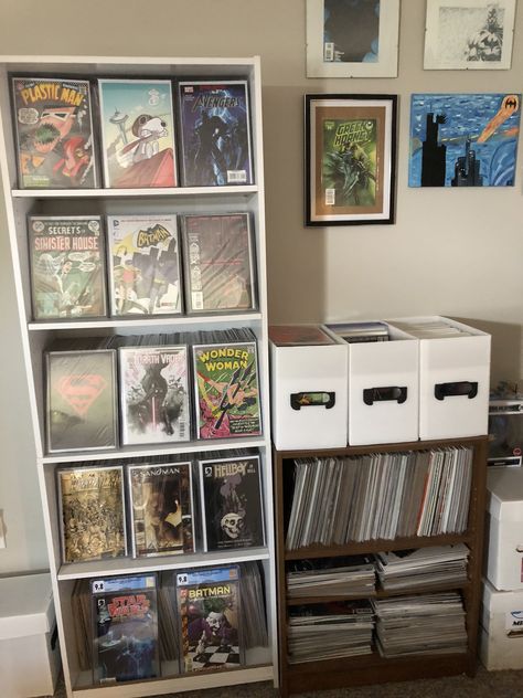 Comic Display Ideas, Comic Storage Ideas, Comic Room Ideas, Comic Book Storage Ideas, Comic Book Rooms, Comic Book Box Storage, Comic Book Wall, Comic Storage, Comic Display