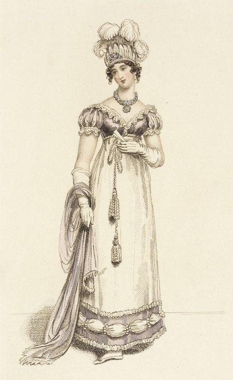 Fashion Plate (Baronial Helmet & Arundel Fete Dress) | LACMA Collections Regency Turban, 1810s Dress, 1819 Fashion, Regency Dresses, Empire Outfit, John Bell, Regency Gown, Empire Dresses, Decades Of Fashion