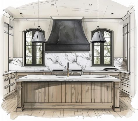 With sleek upper cabinets and a custom bold black hood fan, this kitchen concept is the epitome of transitional elegance. The arched windows beside the hood fan add a touch of charm, while the marble countertops exude luxury. And let's not forget the warm wood island and base cabinets, bringing natural warmth to the heart of the home. Who else is feeling inspired to entertain and cook up a storm here? . Design. @cielo.and.oak #KitchenGoals #interiordesigninspo #kitchendesign #kitchen #kitch... Angled Hood Kitchen, Kitchen Hood Between Windows, Black Hood Fan, Stove With Windows On Each Side, Large Kitchen Hood, Black Stove Hood, Dubai Kitchen, 2025 Kitchen, Kitchen Concept