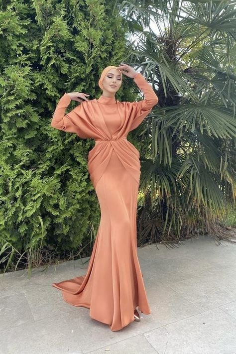 Satin Mermaid Wedding Dress, Modest Dresses Fashion, Soiree Dress, Orange Satin, Islamic Wedding, Dress Muslim, Elegant Dresses Classy, Muslim Fashion Dress, Muslim Dress