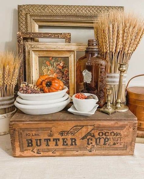 Fall Decorating With Antiques, Fall Cottage Decorating Ideas, Vintage Farmhouse Fall Decor, Antique Fall Decorations, English Cottage Fall Decor, Fall Vintage Booth Display, Fall Vintage Decor, Fall Vignettes Decorating Ideas, Fall Antique Booth Displays