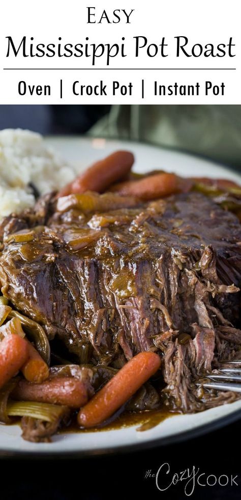 This easy Mississippi Pot Roast Recipe will quickly become your favorite meal for the Crock Pot, Instant Pot, or the Oven! You only need 4 ingredients and you can make an easy brown gravy at the end! #instapot #slowcooker #recipe #easy #dinner #dinnerideas #comfortfood Mississippi Pot Roast Crockpot, Pot Roast Crockpot, Mississippi Pot Roast Recipe, Enchiladas Potosinas, Easy Brown Gravy, Roast Crockpot, Pot Roast Crock Pot Recipes, Mississippi Pot, Mississippi Roast