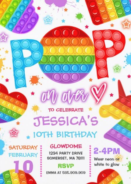 It Birthday Party, Pop It Party, Pop It Birthday, It Party, Pop It Fidget, Bubble Party, Girl Birthday Party Invitations, Party Pops, Kids Birthday Party Invitations