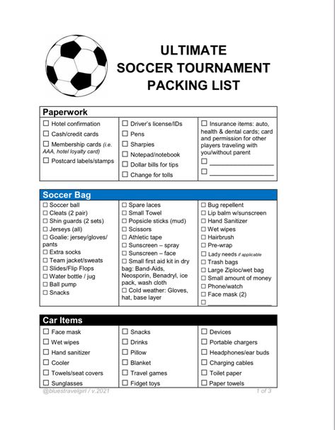 With this checklist, never forget another item when traveling to an out of town soccer tournament or event. Out Of Town Soccer Tournament, Travel Soccer Mom, Soccer Manager Ideas, Soccer Mom Checklist, Soccer Tournament Ideas, Travel Soccer Packing List, Soccer Packing List, Soccer Bag Checklist, Soccer Tournament Snacks