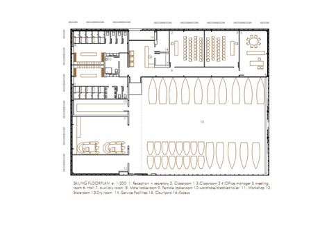 Rowing and Sailing Pavilions,floor plan Boat Marina, Water Architecture, Architecture Portfolio Layout, Rowing Club, Wooden Facade, Architecture Concept Diagram, Architectural Section, Portfolio Layout, Architecture Portfolio