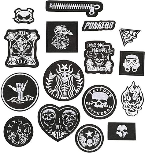 $8.49 for 16 Iron on Patches Embroidered Appliques Black and White Embroidered Patch Stickers for Decorating Clothing, Backpack, Caps, Jeans, Shoes, Jacket, Handbag etc: Arts, Crafts  Sewing Embroidery Black And White, Cloth Badges, Badges Diy, Patch Hole, Sew On Badges, Punk Pins, Hot Melt Adhesive, Tactical Patches, White Patches