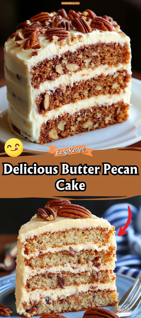 Butter Pecan Cake Maple Syrup Poke Cake, Butter Pecan Ice Cream Cake, Butter Pecan Cake Mix Recipes, Easy Butter Pecan Cake, Butter Pecan Icing, Smooth Buttercream Frosting, Smooth Buttercream, Pecan Desserts, Butter Pecan Ice Cream