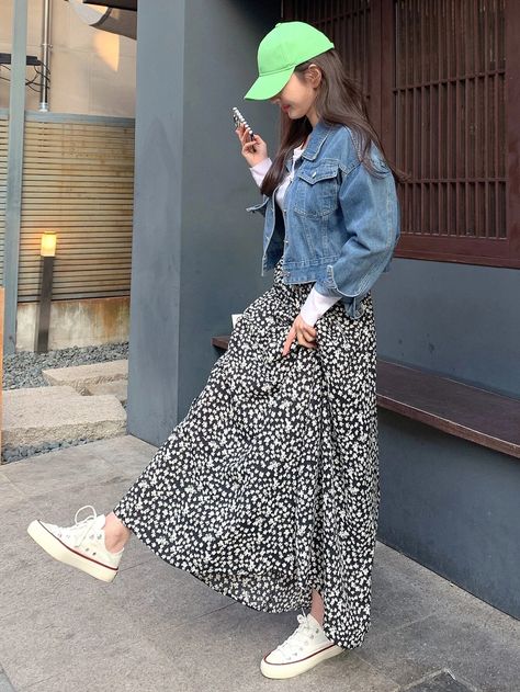 DAZY Ditsy Floral Print Skirt | SHEIN USA Ditsy Floral Skirt Outfit, Long Printed Skirt, Floral Skirt Outfit, Ditsy Floral Skirt, Floral Skirt Outfits, Printed Long Skirt, Floral Skirts, Winter Skirt Outfit, Elastic Waist Skirt