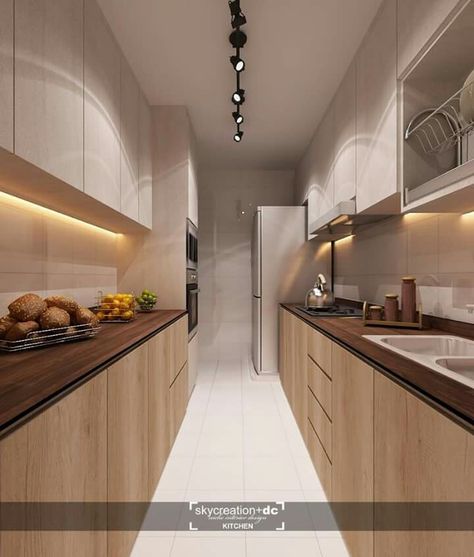 Wood kitchen cabinet Alley Kitchen Modern, Kitchen Design Long Narrow, Small Closed Kitchen Design, Straight Kitchen Ideas, Small Parallel Kitchen, Small Long Kitchen Ideas, Small Parallel Kitchen Ideas, Small Closed Kitchen, Parallel Kitchen Design Modern