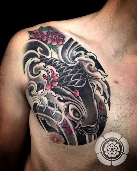 Chest Tattoo Japanese, Pez Koi Tattoo, Japanese Koi Fish Tattoo, Koi Tattoo Sleeve, Kanji Tattoo, Koi Tattoo Design, Samurai Tattoo Design, Doll Tattoo, Flame Tattoos