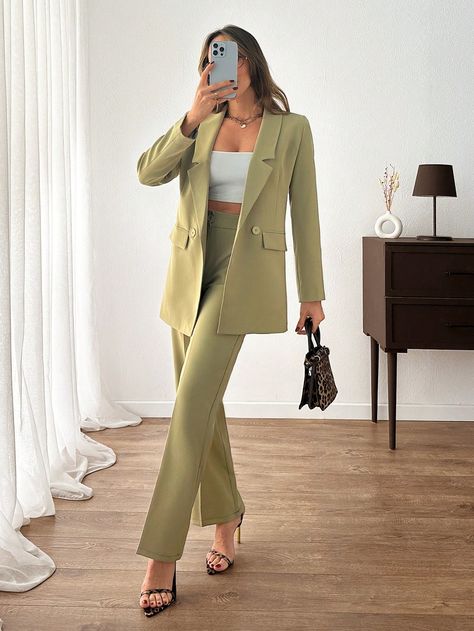 Women's Olive Green Elegant Suit Sets Olive Green Elegant  Long Sleeve Fabric Plain  Non-Stretch  Women Clothing, size features are:Bust: ,Length: ,Sleeve Length: All Green Outfit, Elegant Suit, Suits For Women, Olive Green, Women Clothing, Wedding Party, Sleeve Length, Clothes For Women, Long Sleeve