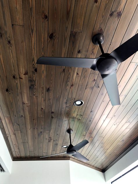 Patio Ceiling Ideas Outdoor, Dark Ceilings, Patio Ceiling Ideas, Nola House, Patio Ceiling, Gray Stain, Covered Deck, Ceiling Ideas, Florida House