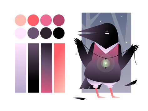 Colorful Raven Art, Dark Magic Color Palette, Flat Colour Illustration, Limited Palette Illustration, Character Design Color Palette, Magical Color Palette, Magic Color Palette, Character Color Palette, Raven Vector