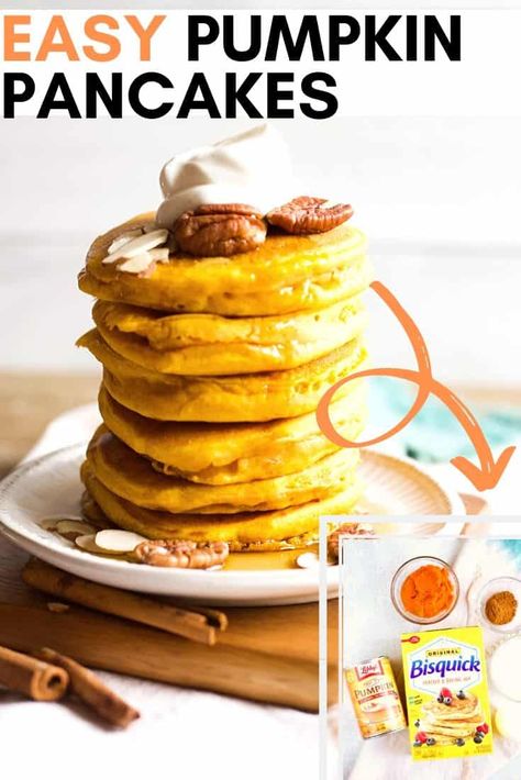 Pumpkin Pancakes Bisquick, Bisquick Pancake Recipe, Freezer Stock, Easy Pumpkin Pancakes, Fluffy Pumpkin Pancakes, Pumpkin Pancakes Easy, Bisquick Pancakes, Fall Sunday, Pumpkin Spice Pancakes