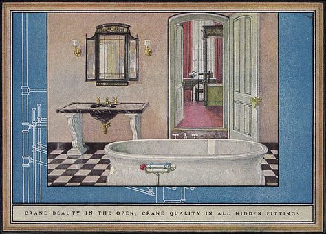 1920s Bathroom, 1920s Interior, Art Deco Bathrooms, Black White Bathrooms, Sophisticated Bathroom, Bathroom Black, 1920s House, Art Deco Bathroom, Rare Historical Photos