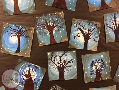 Classroom art for kids. Snowy Trees - Beautiful winter art projects for the elementary classroom brought to you by Literacy Loves Company. Winter Trees Art For Kids, Winter Crafts For Middle School Students, Winter Art For Kids Classroom, Winter Landscape Art For Kids, Winter Tree Art For Kids, Winter Painting Kids, Snowflake Art Projects For Kids, Winter Art Projects For Kids Elementary, Winter Tree Craft