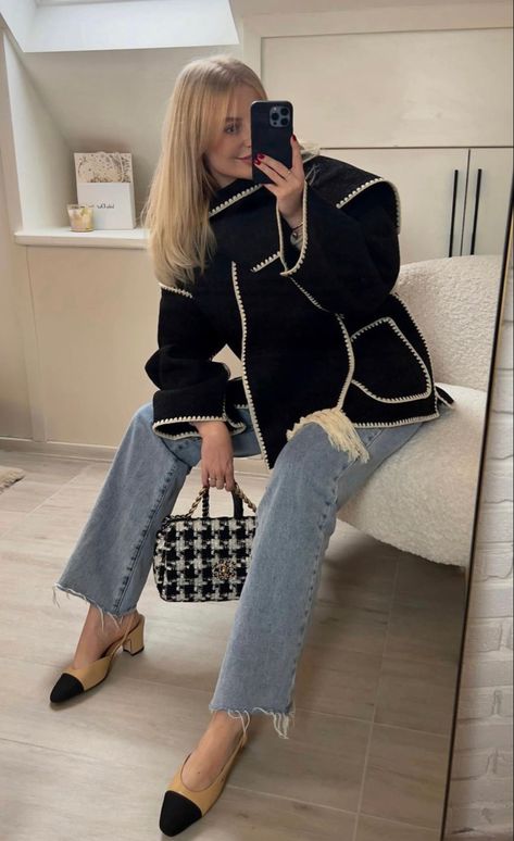 Beige And Black Chanel Flats Outfit, New Year Outfits Aesthetic, Chanel Sling Back Shoes Outfit, Toteme Jacket Outfit, Chanel Tan And Black Slingbacks Outfit, Winter Outfits Luxury, Scarf Jacket Outfit, Channel Shoes Outfit, Chanel Sling Backs