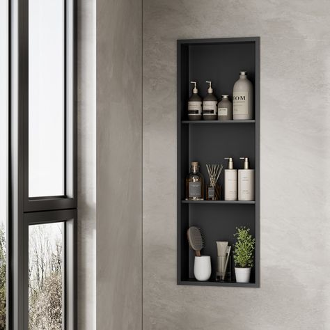 SUPERFLO Bathroom Shower Niche Stainless Steel, 36x12 Shower Niche Insert Shelf, Vertical Horizontal Install - Wayfair Canada Black Walls Bathroom, Black Shower Niche, Stainless Steel Shower Niche, Bathroom Closet Ideas, Recessed Shelf, Mom Bathroom, Niche Wall, Wall Insert, Shower Essentials