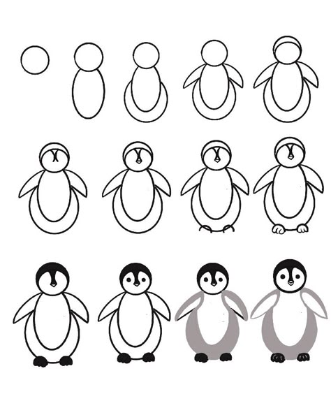 Follow each step to draw a penguin easily Penguin Step By Step Drawing, Drawing A Penguin, Draw Penguin Easy, Penguin Drawing Easy Step By Step, How To Draw A Penguin Step By Step, Penguin Art Project, How To Draw Penguin, Winter Doodles Easy, Penguin Painting Easy