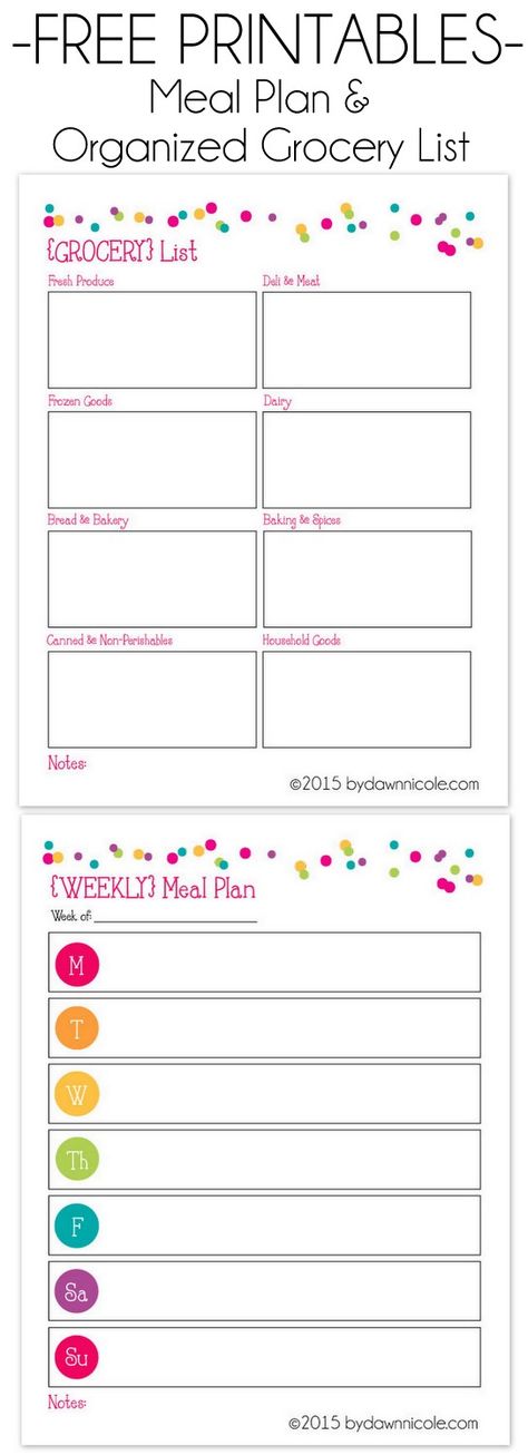 Organizational Printables - FREE Printable Meal Plan and Grocery Lists via Dawn Nicole Designs Grocery List Organization, Free Grocery List, Free Meal Planner, Organizational Printables, Meal Plan Grocery List, Diy Organizer, Grocery List Printable, Free Groceries, Weekly Meal Plan