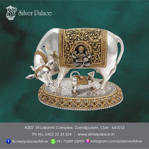 Special Gold Polished Cow and Calf for enhancing the Pooja Room of your house. #Silver #Silvergifts #Hindutradition #Silveridols #Silvergodstatues #Silverindia #Silver925 #Silverjewellery #Silverarticles #Silverarterfacts #Silverindia #Madeinindia #silverproducts #silverinindia #india #silverpendants #Silveridols #Silverpooja #Poojaarticles #Silverpalace #coimbatore #silverincoimbatore #925Silver #cowandcalf Silver Items, Silver Ruby Ring, Temple Jewelry Necklace, Silver Pooja Items, Fancy Rings, Mens Gold Bracelets, Party Necklace, Cow Calf, Gold Fashion Necklace