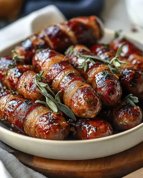 Maple-Glazed Bacon Sausage Bites Recipe Appetizers With Bacon, Appetizer Sausage, Mini Sausages, Bacon Wrapped Sausages, Sausage And Bacon, Sausage Bites, Sausage Appetizers, Sausage Wrap, Cocktail Sausages