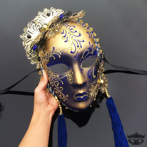 Full-face gold/blue masquerade mask Masquerade Mask Full Face, Blue Masquerade Mask, Silver Masquerade Mask, Jester Mask, Mask Wall Decor, Resin Paper, Mask Venetian, Mardi Gras Masquerade, Italian Pattern