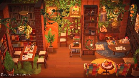 Acnh Cool Room Ideas, Marshall House Acnh, Acnh Basement Library, Acnh Autumn Interior, Acnh Hhp Library, Eclectic Animal Crossing, Acnh Cozy Island Ideas, Library Room Acnh, Maximalist Animal Crossing