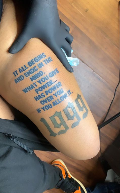 Qoute Tattoo On Leg, Inspiring Word Tattoos For Women, Word Leg Tattoos, Tattoo Word Ideas, Black Men Leg Tattoos, Affirmation Tattoos, Over The Knee Tattoo, Simple Leg Tattoos, The Knee Tattoo