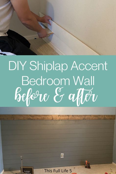 Shiplap Wall Behind Bed, Add Shiplap To Wall, Bedroom Shiplap Wall, Shiplap Behind Bed, Half Vertical Shiplap Wall Bedroom, Partial Shiplap Wall Bedroom, Accent Wall Behind Bed, Nickel Gap Shiplap Wall, Nickle Gap Shiplap Wall Bathroom